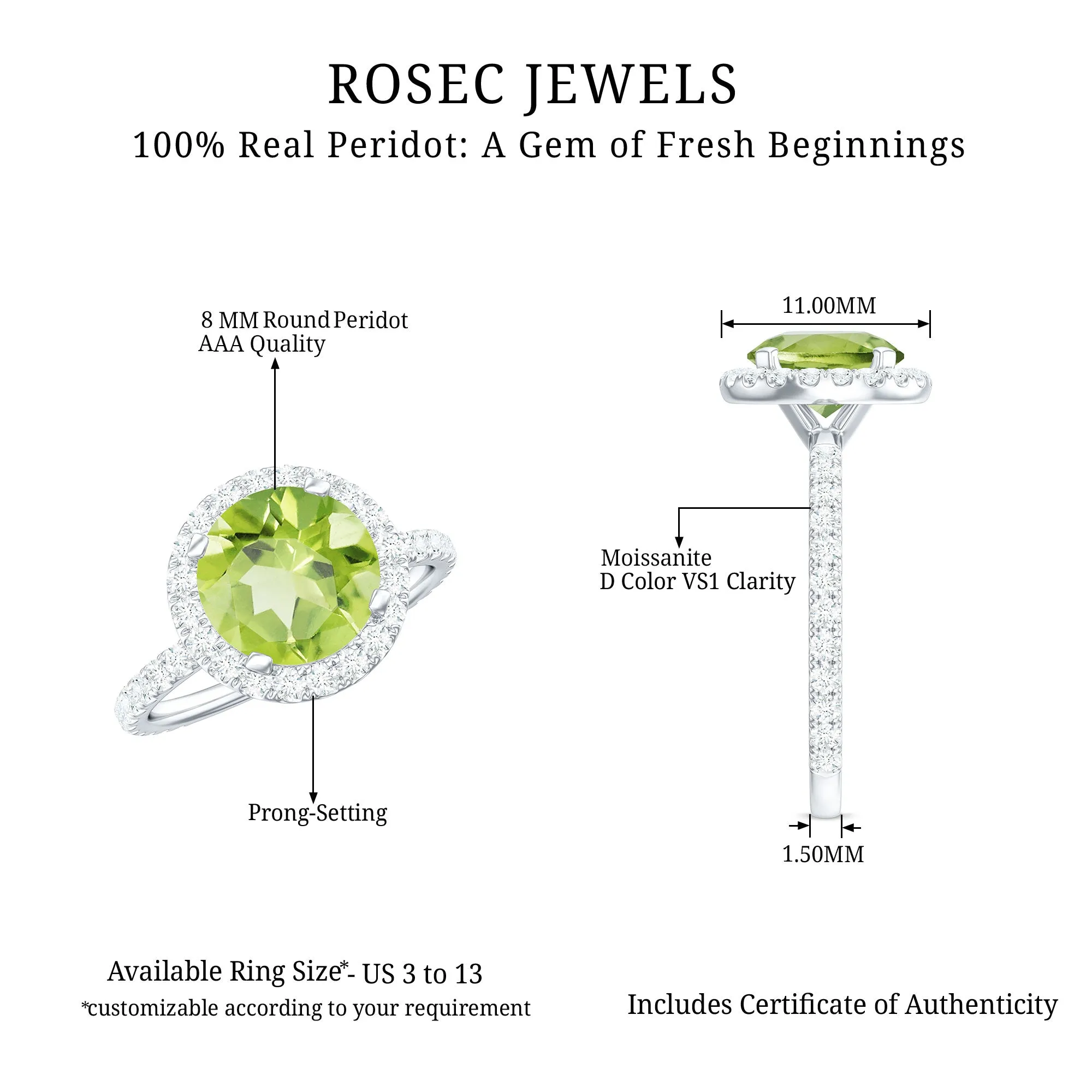 1 CT Peridot Solitaire Ring with Moissanite Accent Ring
