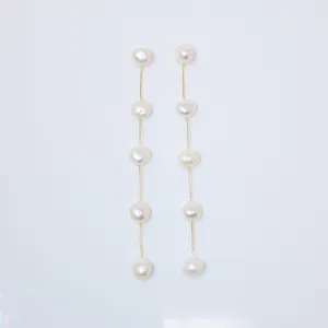 14k gold Plated 5 Large Freshwater Cultured pearl Bezel Earrings,Long Bridal Jewelry, Pearl Bridal Earrings, Statement Earrings.