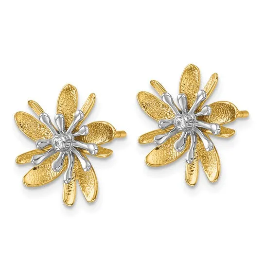 14K Two-Tone Polished and Textured Diamond Flower Post Earrings