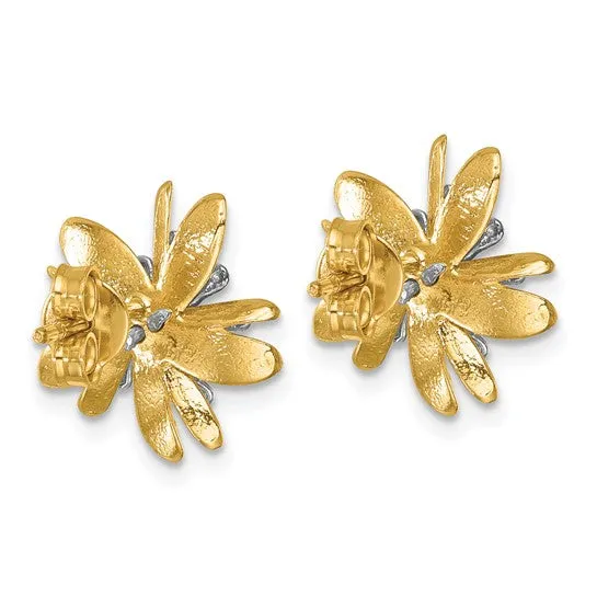 14K Two-Tone Polished and Textured Diamond Flower Post Earrings