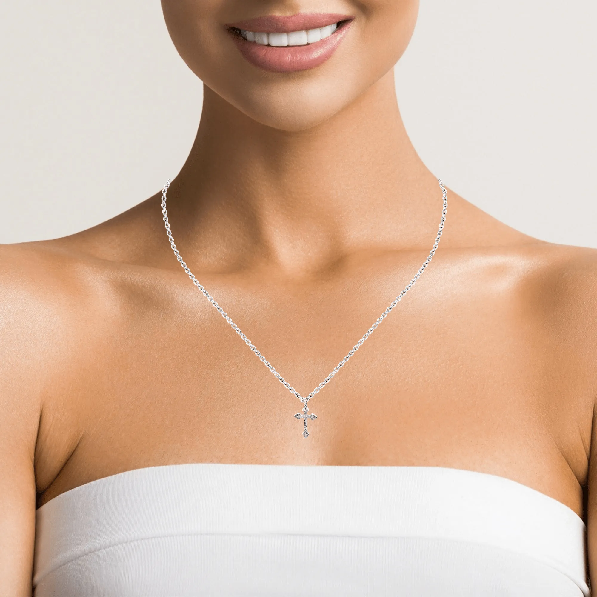 14K White Gold Cross Pendant Necklace With Diamonds