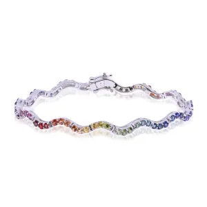 14K WHITE GOLD DIAMOND-CUT DOUBLE RAINBOW SAPPHIRE TENNIS BRACELET