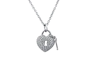 14K White Gold Diamond Heart Lock And Key Necklace