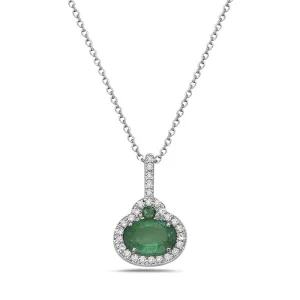 14K White Gold Emerald Diamond Halo Necklace