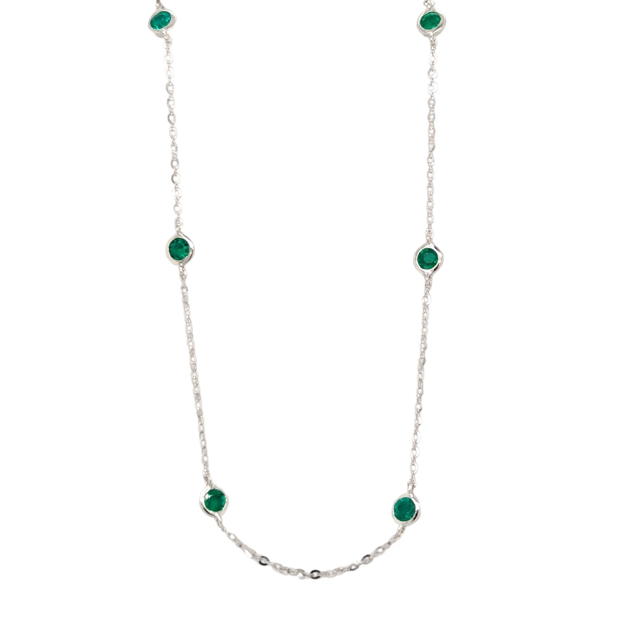 14K White Gold Emerald Station Necklace 18"