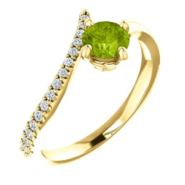 14KT GOLD 0.55 CT PERIDOT & 0.10 CTW DIAMOND ACCENT BYPASS RING