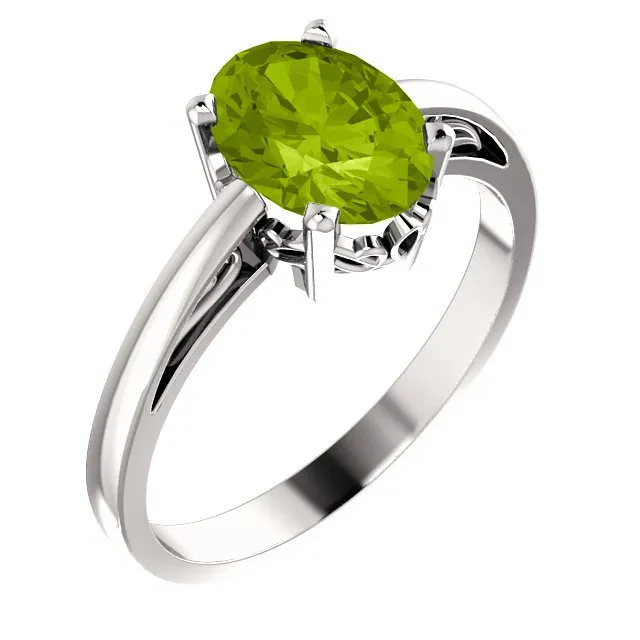 14KT GOLD 1.35 CT OVAL PERIDOT SOLITAIRE SCROLL RING