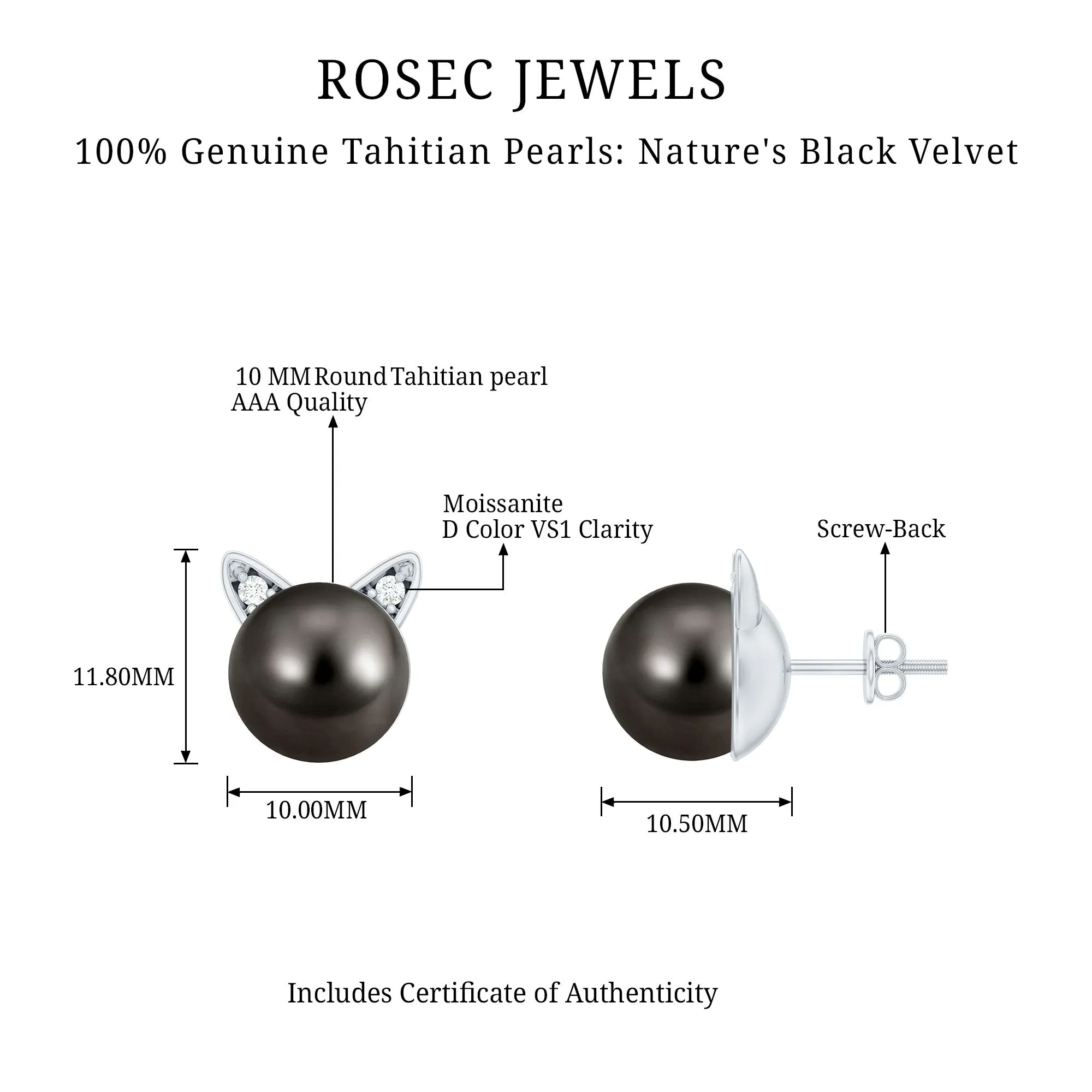 16.25 CT Solitaire Tahitian Pearl Cat Face Stud Earring with Moissanite