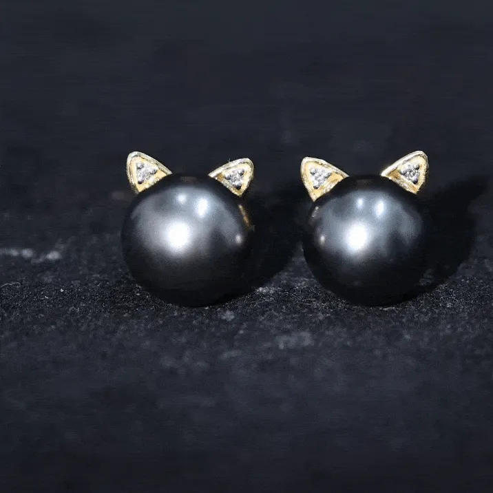 16.25 CT Solitaire Tahitian Pearl Cat Face Stud Earring with Moissanite