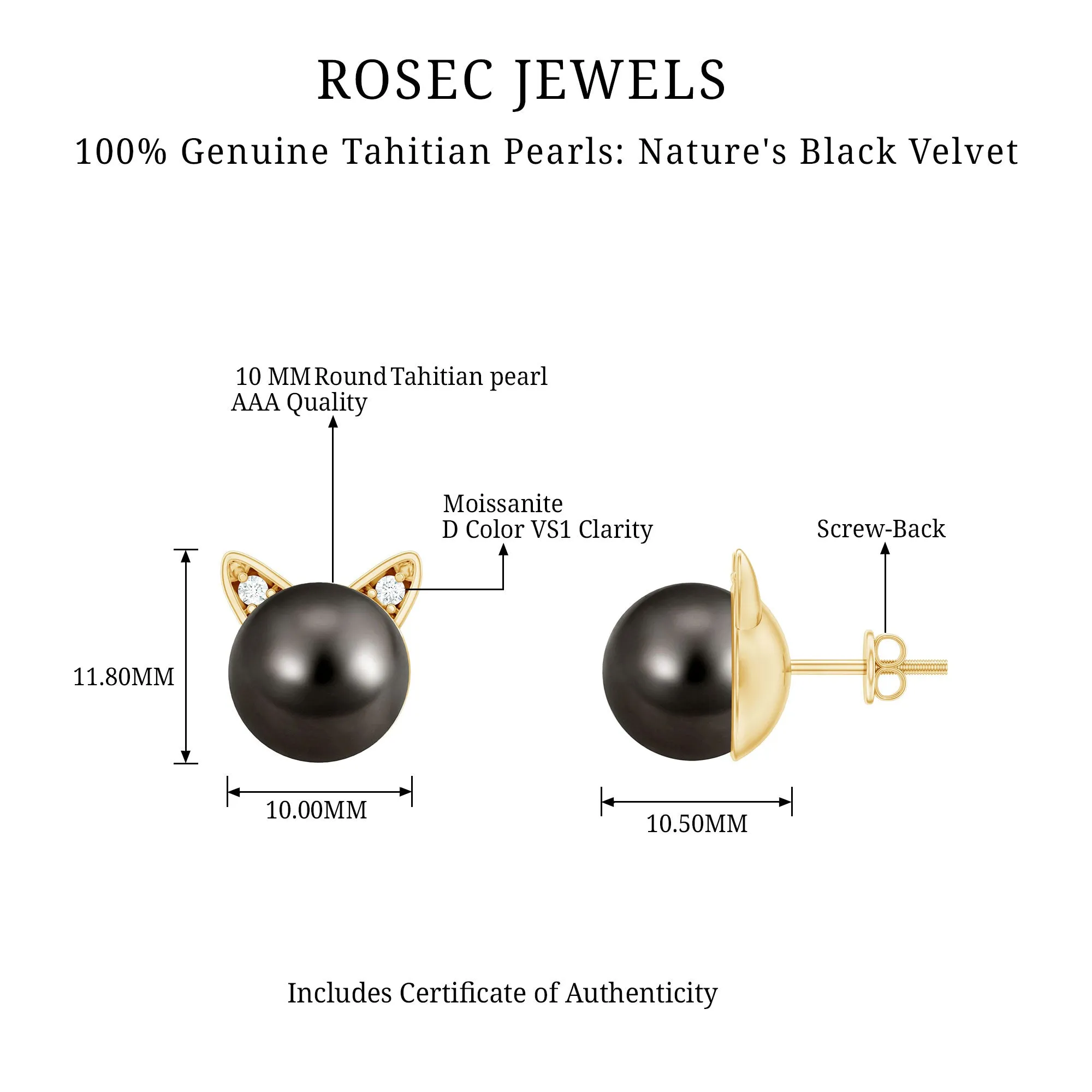 16.25 CT Solitaire Tahitian Pearl Cat Face Stud Earring with Moissanite