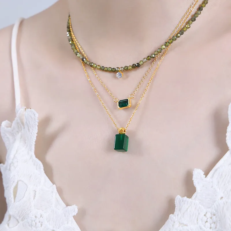 18K gold retro palace style square gemstone/irregular inlaid gemstone/bead chain with zircon design versatile combination necklace