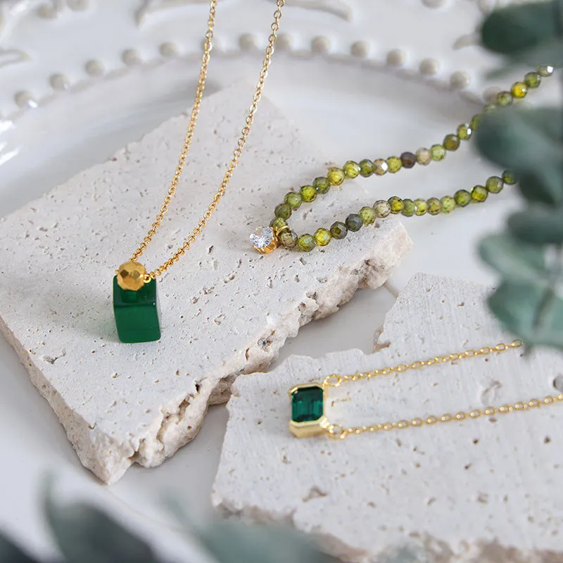 18K gold retro palace style square gemstone/irregular inlaid gemstone/bead chain with zircon design versatile combination necklace
