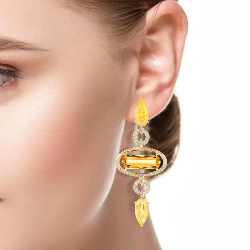 18k Onsa Yellow Gold Earring With 1.14 Cts Vs-Gh Diamonds  And Citrine And Rutilated Quartz