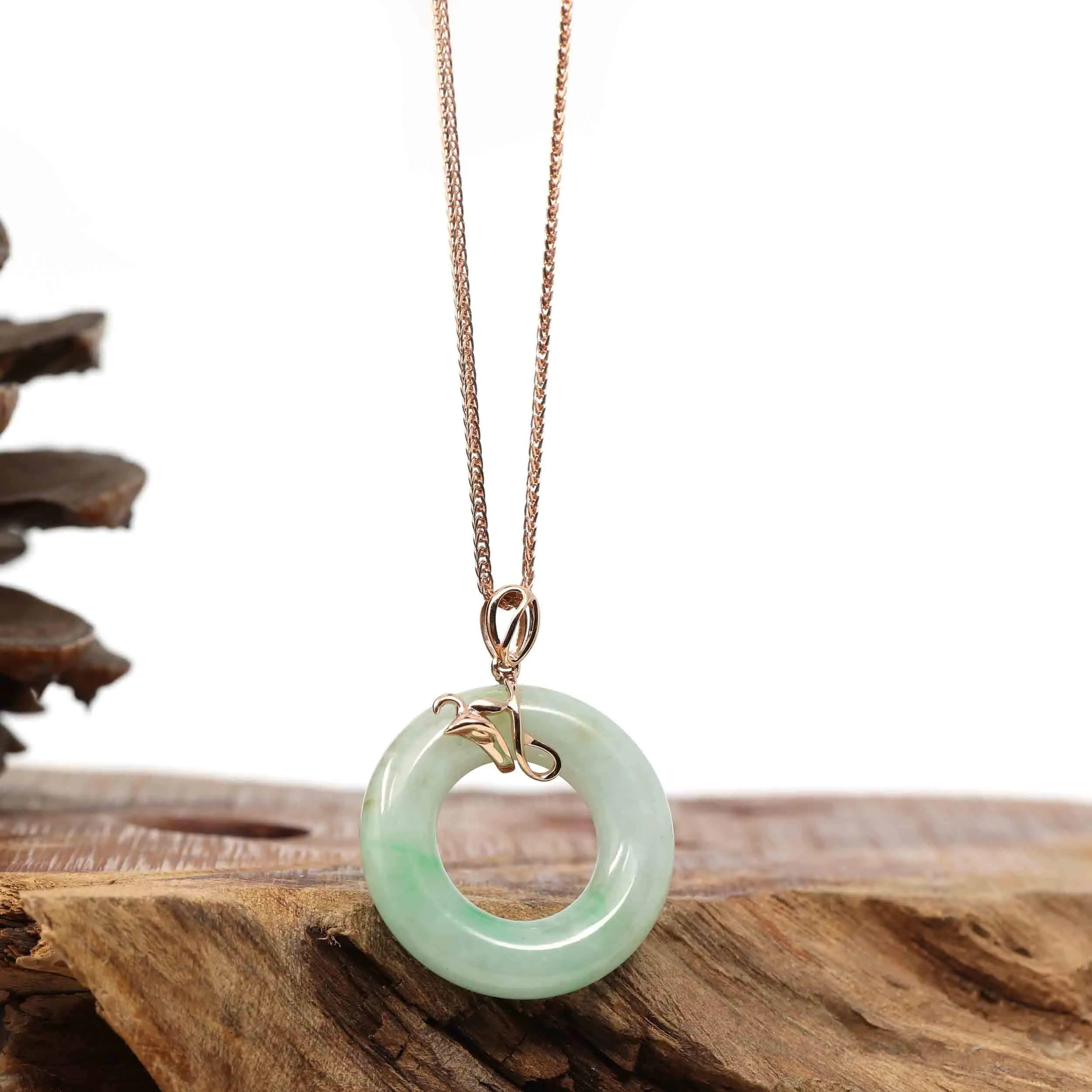 18k Rose Gold Genuine Burmese Jadeite Jade Lucky Kou Kou Bird Pendant Necklace