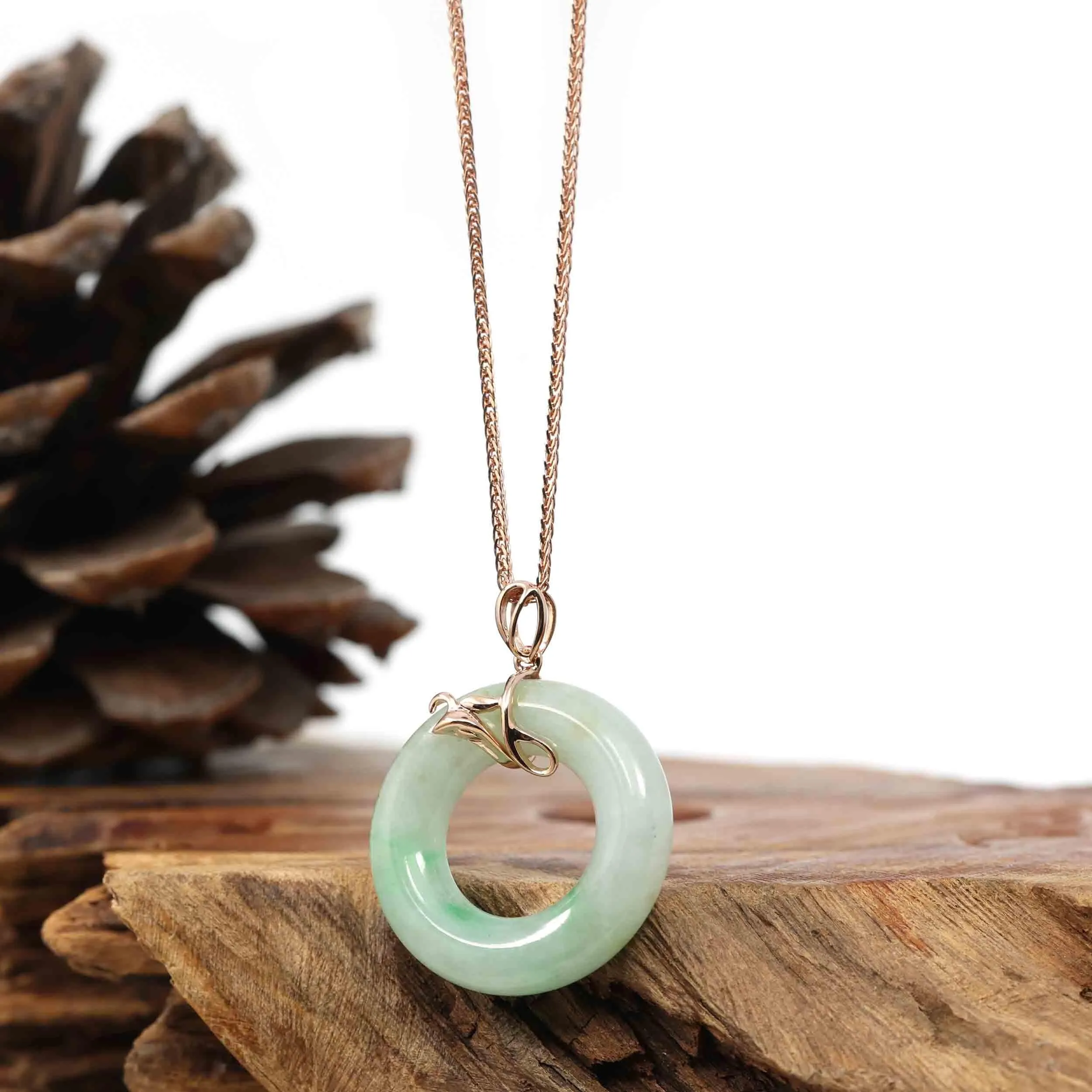 18k Rose Gold Genuine Burmese Jadeite Jade Lucky Kou Kou Bird Pendant Necklace
