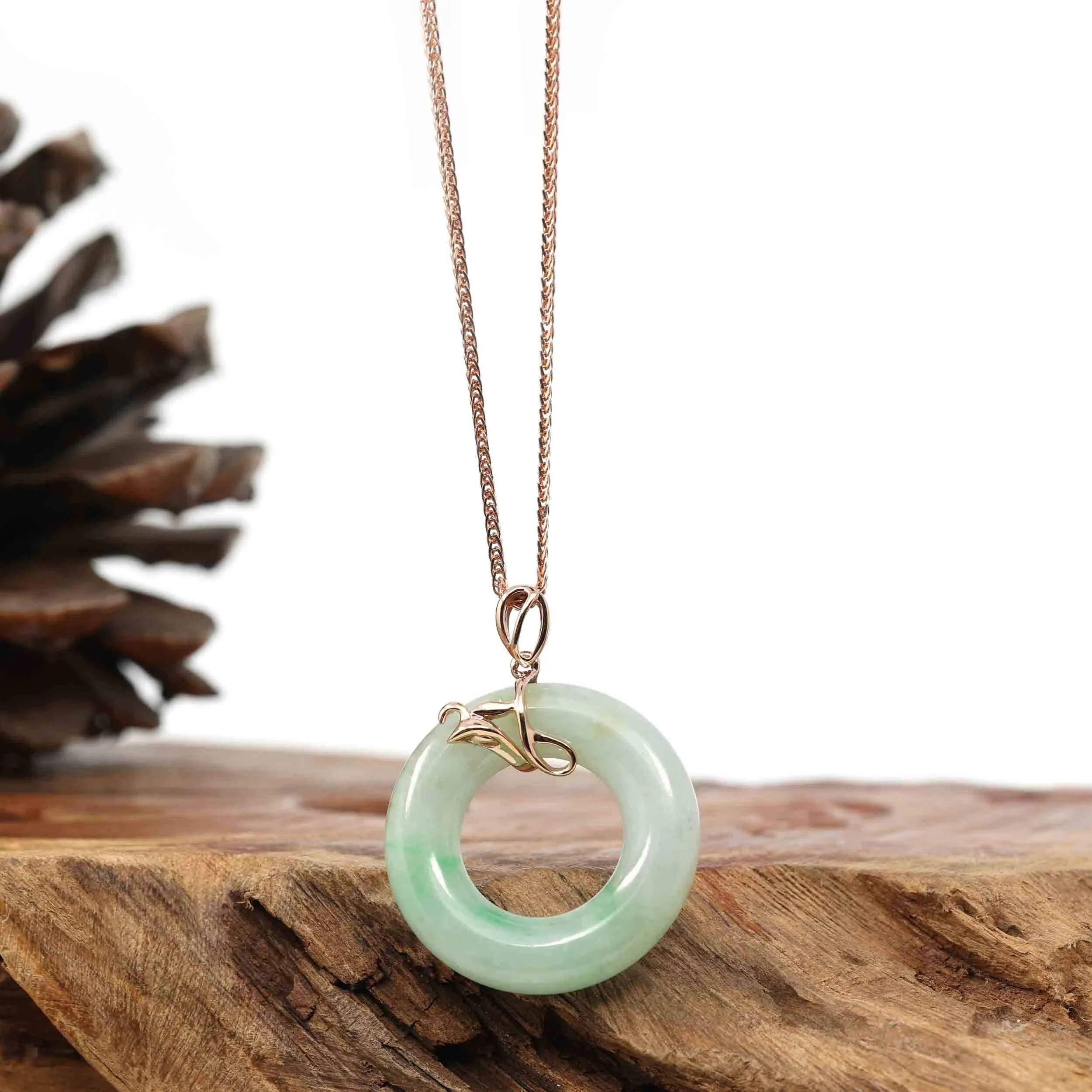 18k Rose Gold Genuine Burmese Jadeite Jade Lucky Kou Kou Bird Pendant Necklace