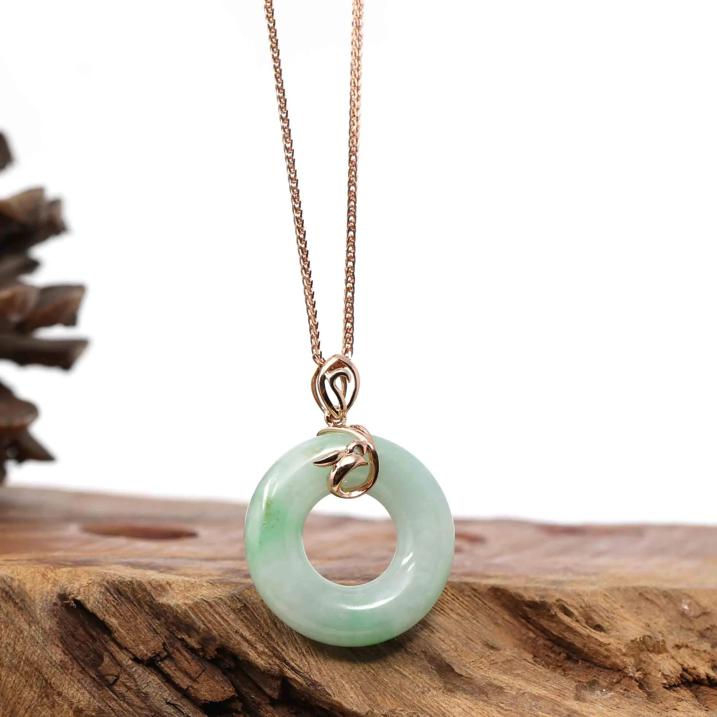 18k Rose Gold Genuine Burmese Jadeite Lucky Kou Kou Pendant Necklace