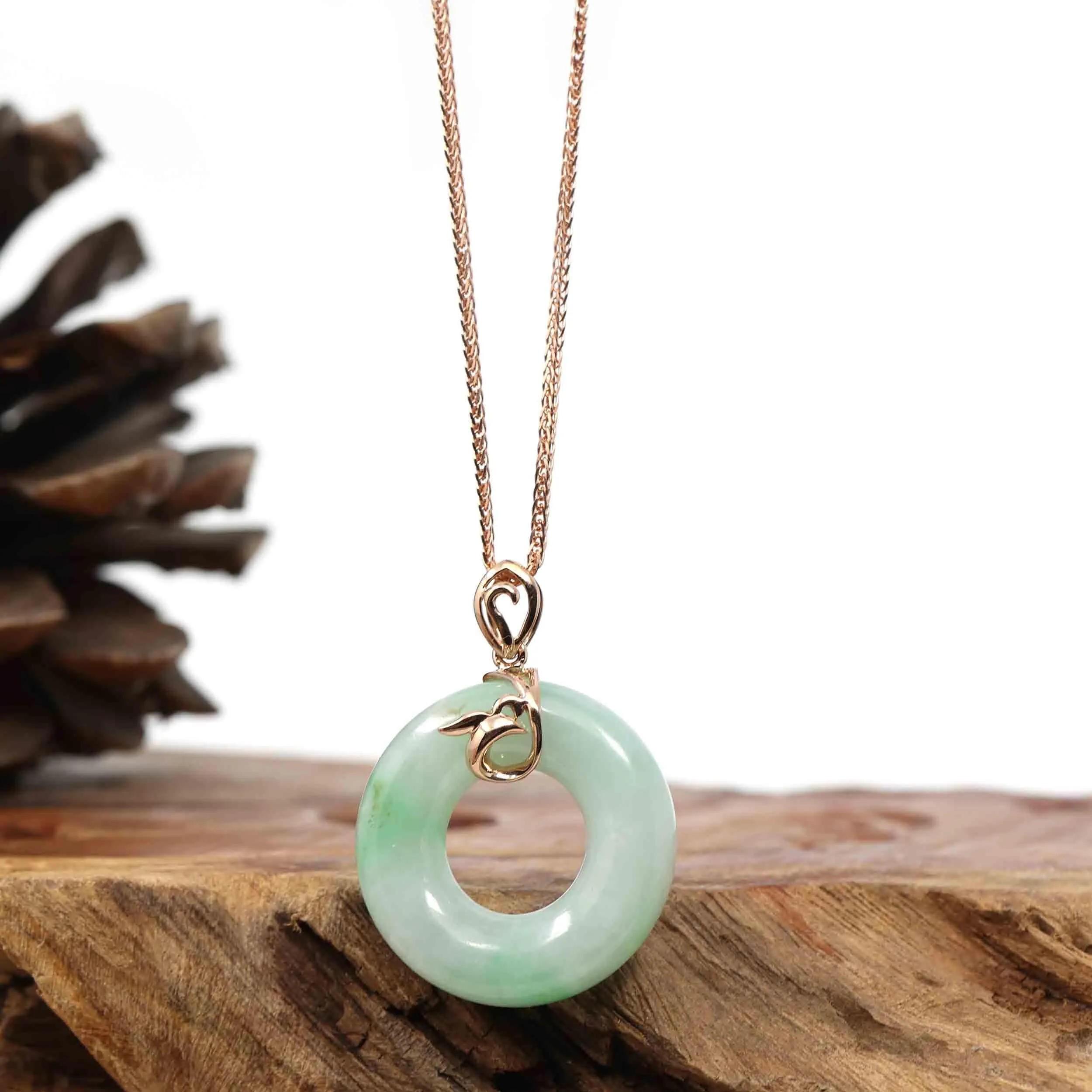 18k Rose Gold Genuine Burmese Jadeite Lucky Kou Kou Pendant Necklace