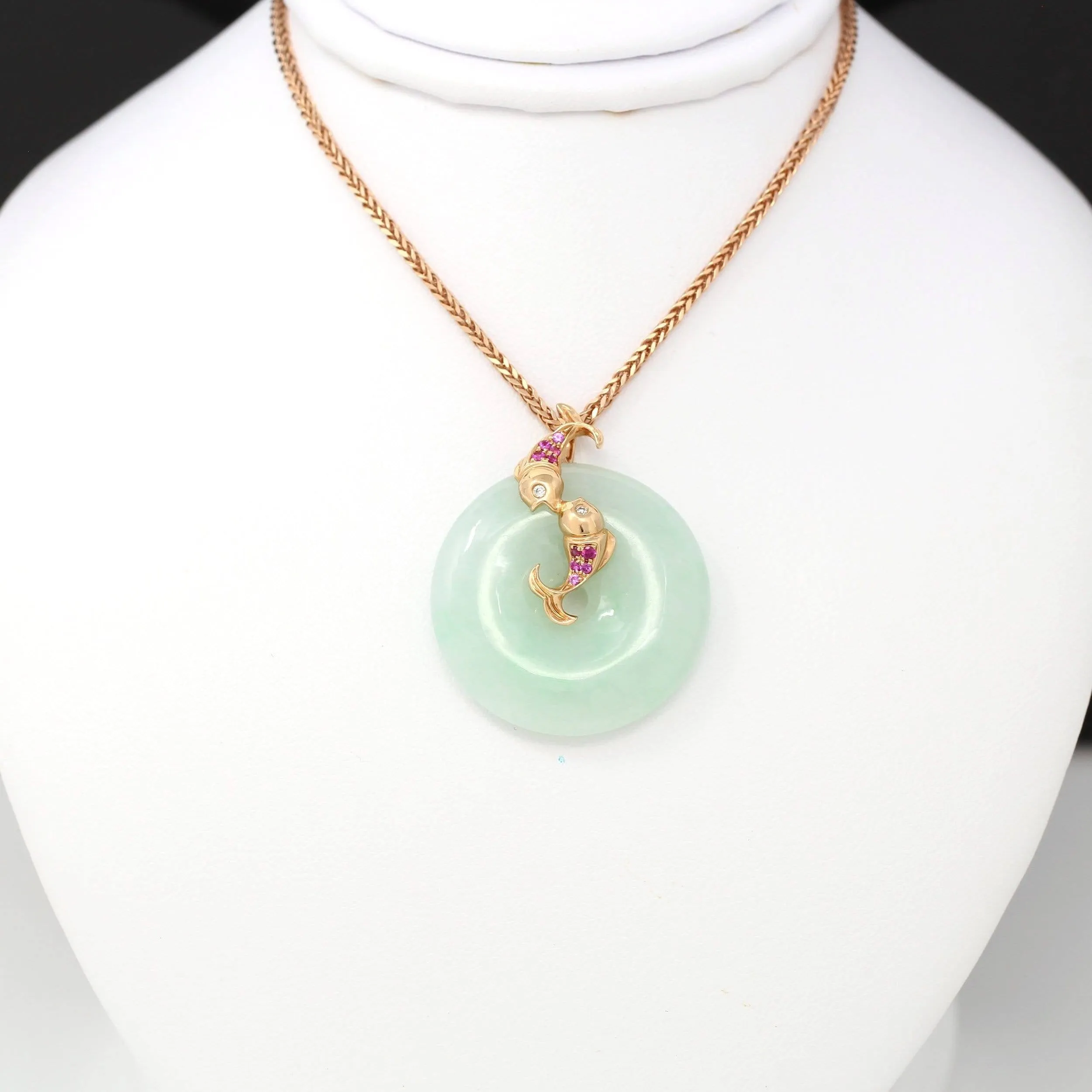 18k Rose Gold Genuine Jadeite Constellation (Pisces) Necklace with Diamonds & Ruby