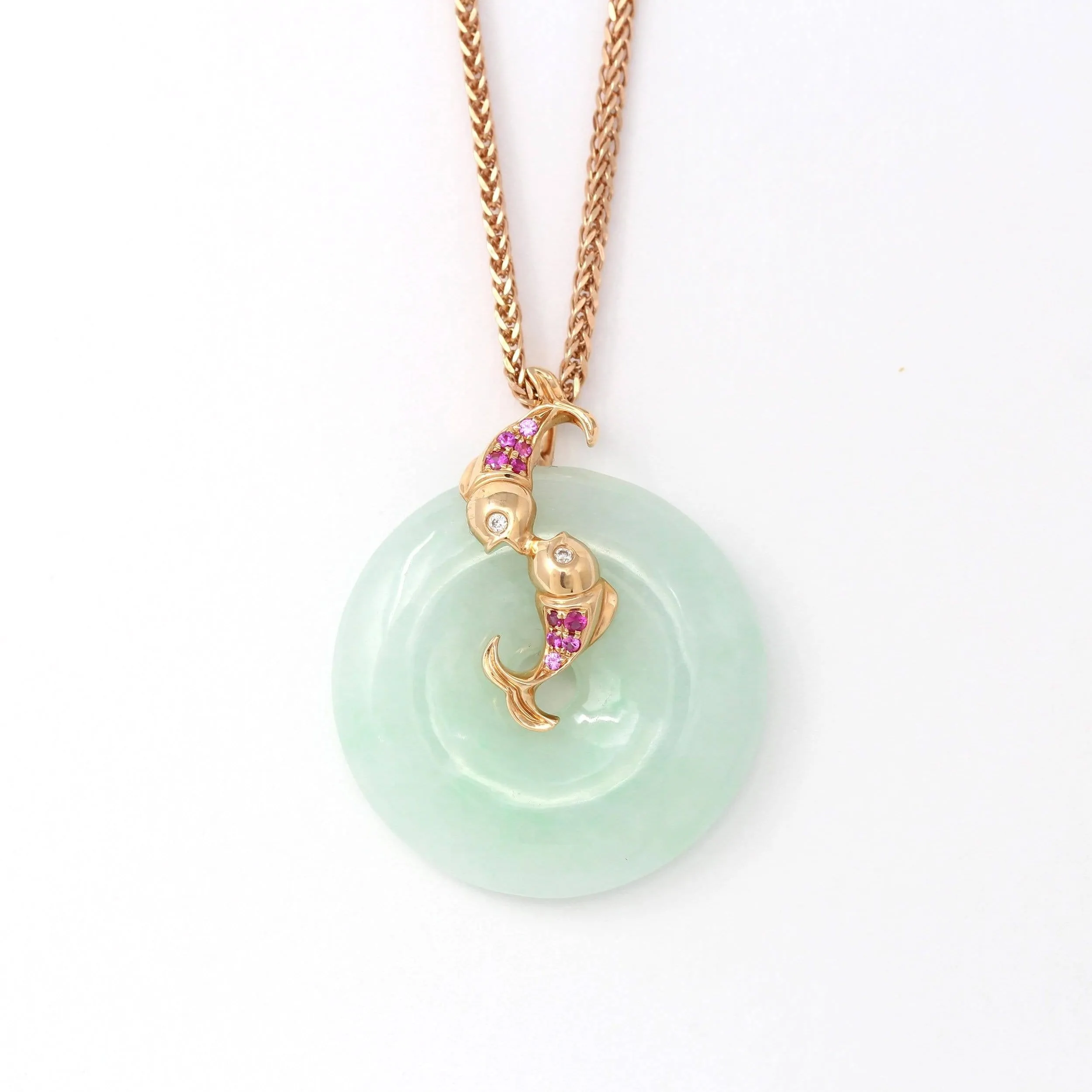 18k Rose Gold Genuine Jadeite Constellation (Pisces) Necklace with Diamonds & Ruby