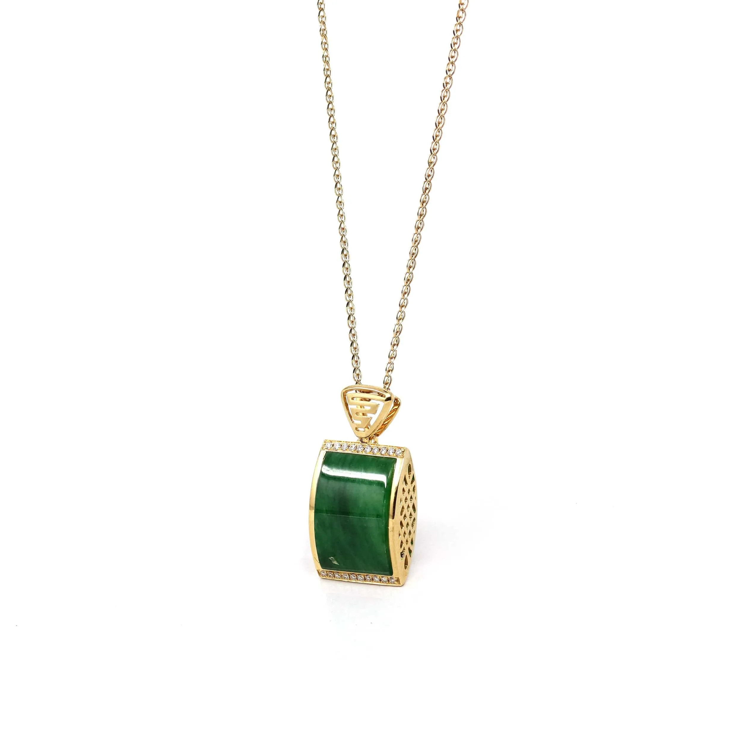 18k Yellow Gold Genuine Burmese Jadeite Bamboo Pendant Necklace With Diamond