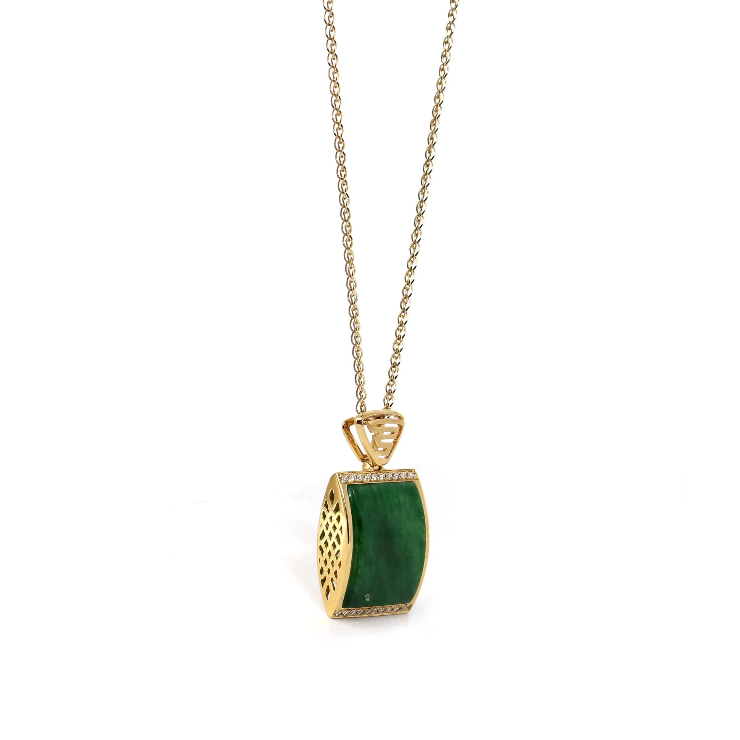 18k Yellow Gold Genuine Burmese Jadeite Bamboo Pendant Necklace With Diamond