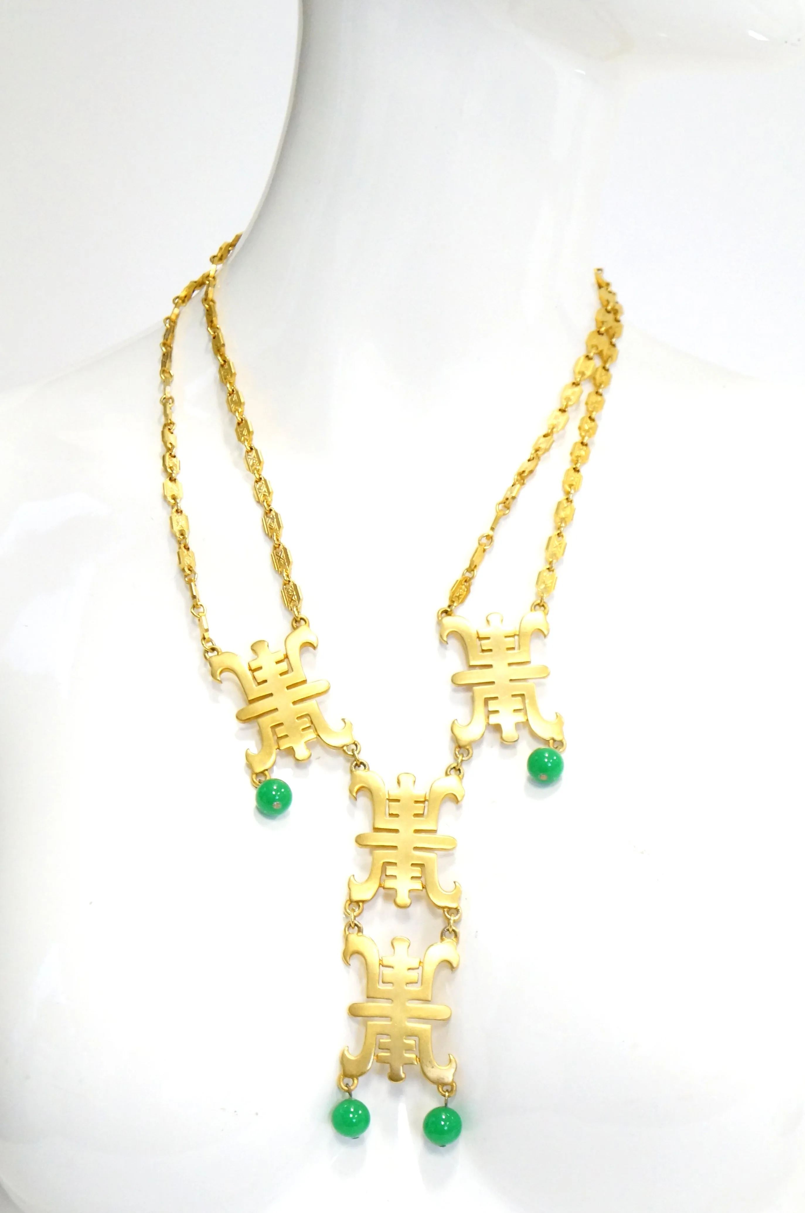 1970s Castlecliff Asian Inspired Jade Colored glass Beads and Gold Tone Necklace