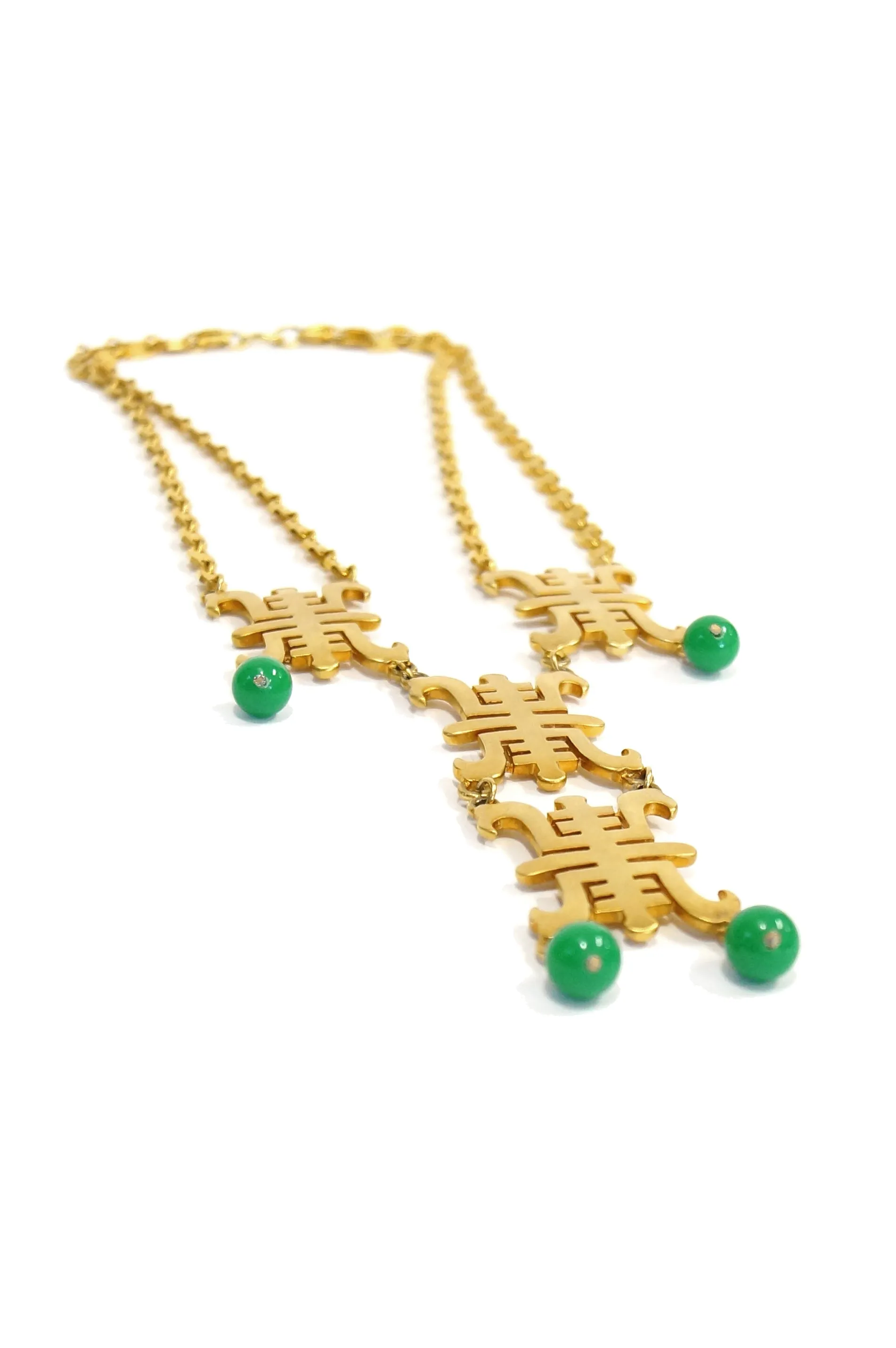 1970s Castlecliff Asian Inspired Jade Colored glass Beads and Gold Tone Necklace