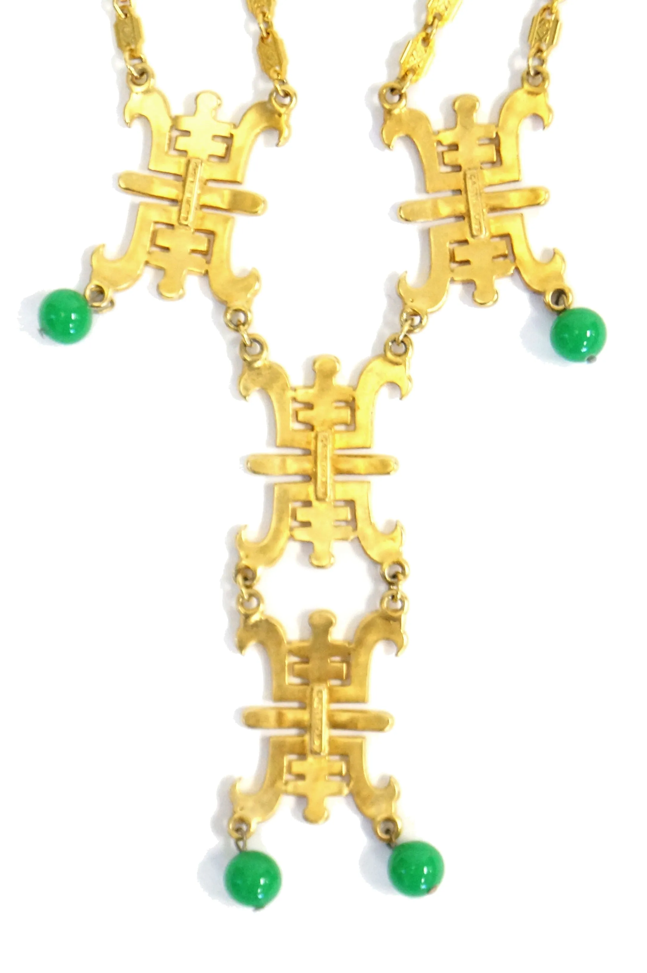 1970s Castlecliff Asian Inspired Jade Colored glass Beads and Gold Tone Necklace