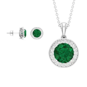4.75 CT Classic Created Emerald Silver Halo Jewelry Set with Zircon
