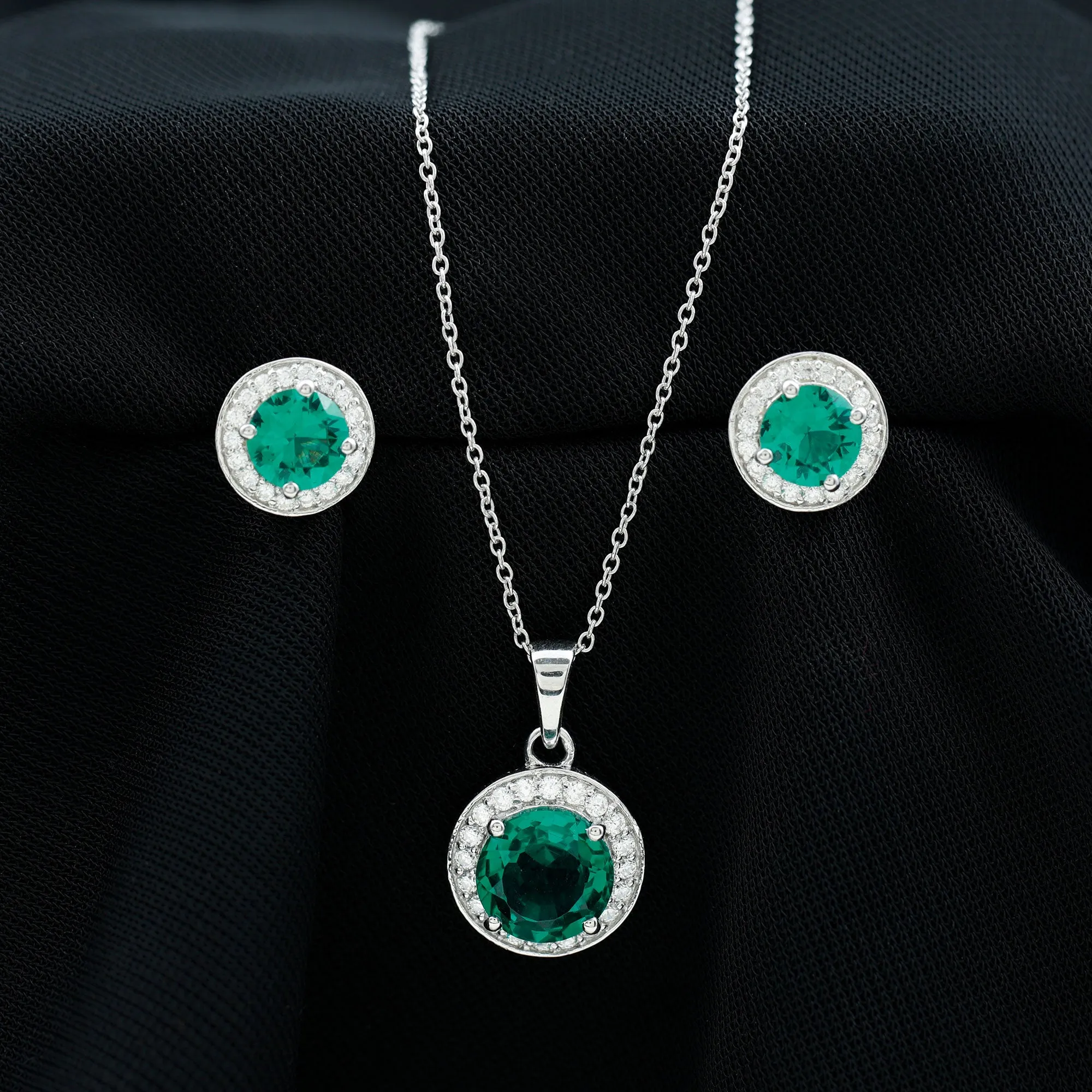 4.75 CT Classic Created Emerald Silver Halo Jewelry Set with Zircon