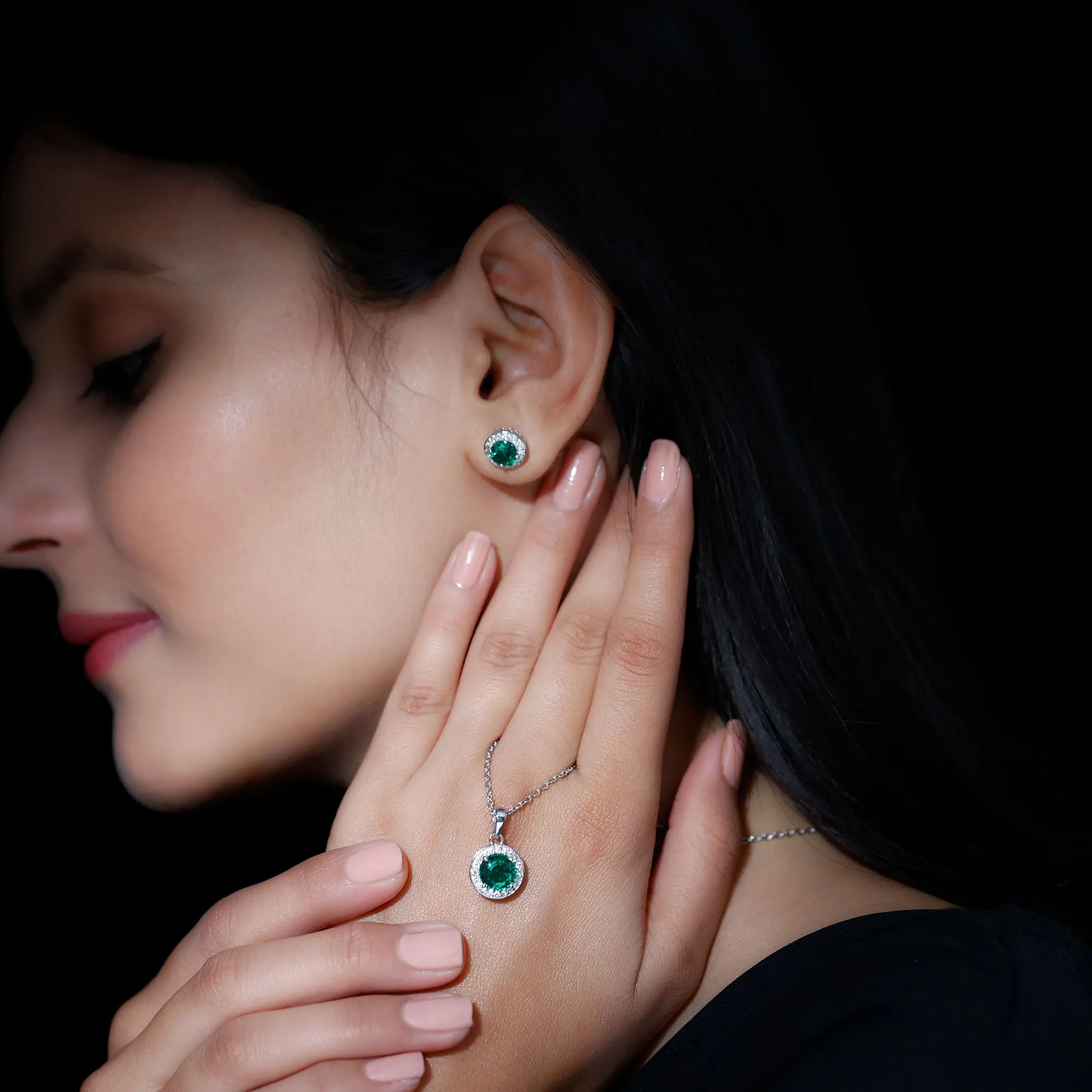 4.75 CT Classic Created Emerald Silver Halo Jewelry Set with Zircon