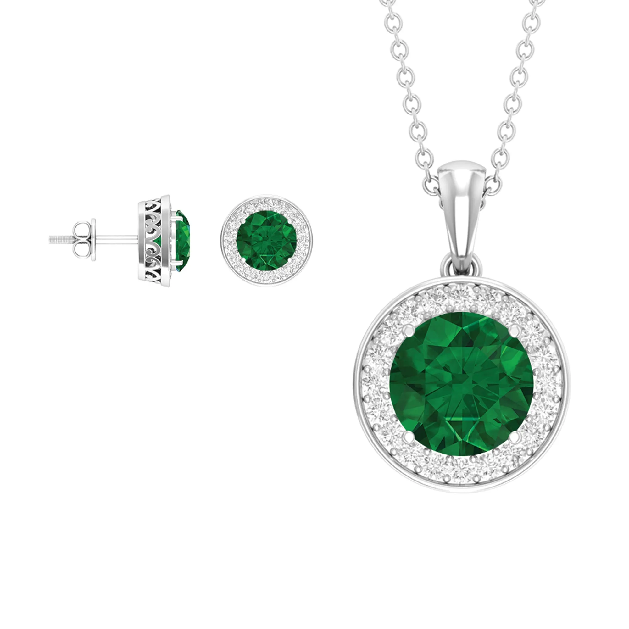 4.75 CT Classic Created Emerald Silver Halo Jewelry Set with Zircon