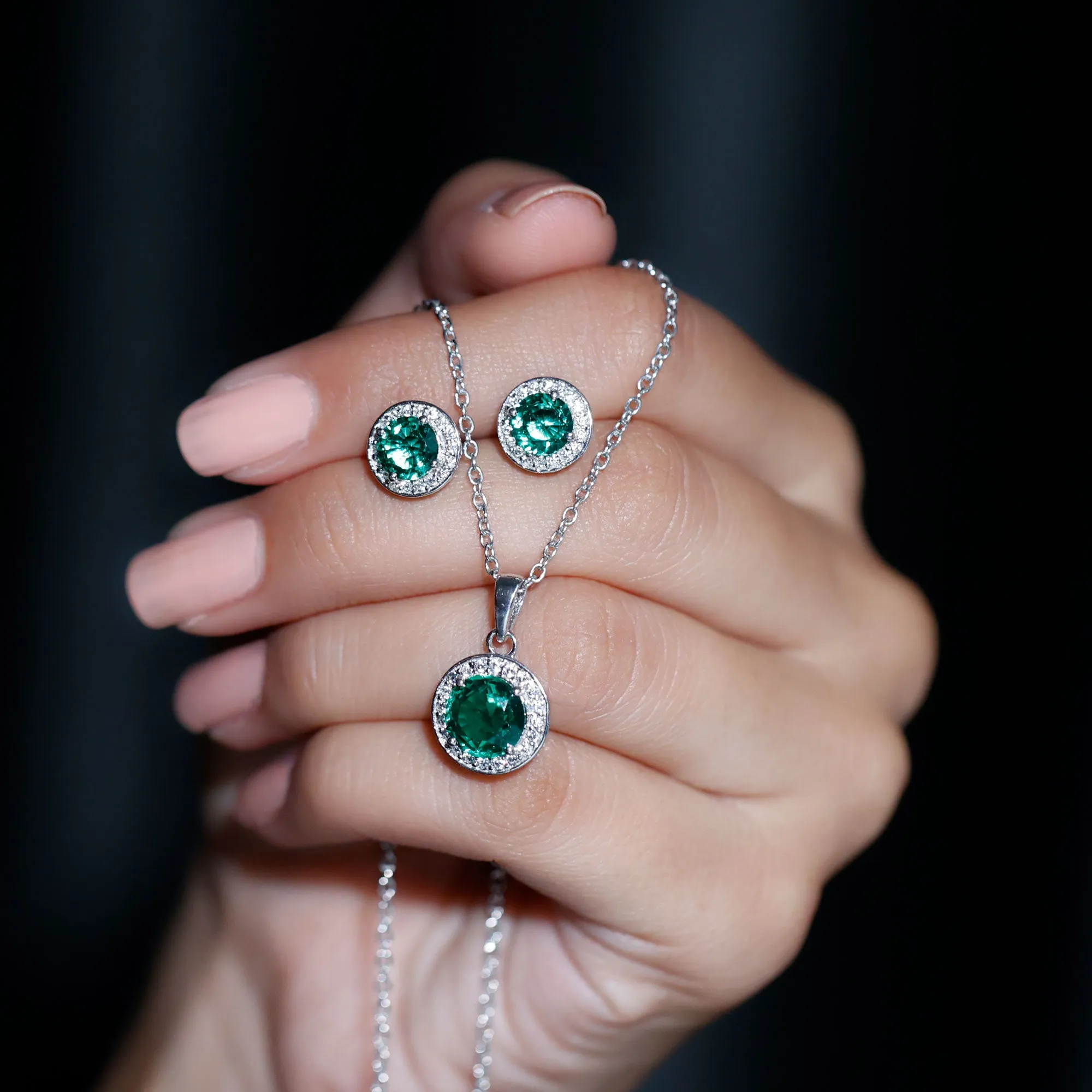4.75 CT Classic Created Emerald Silver Halo Jewelry Set with Zircon