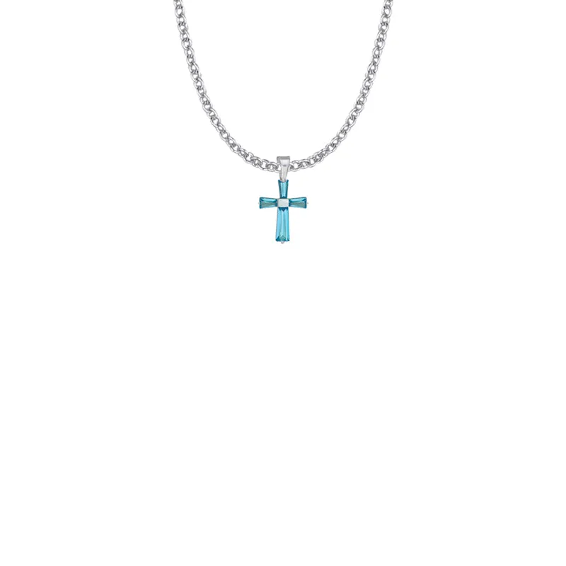 5/8 Inch Sterling Silver and Glass Crystal First Communion December Birthstone Baguette Cross Necklace