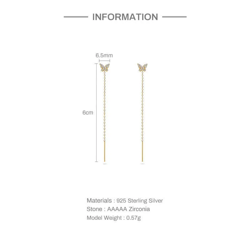 925 Silver Butterfly Long Drop Earrings CZ Diamond
