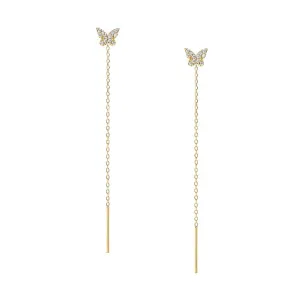 925 Silver Butterfly Long Drop Earrings CZ Diamond