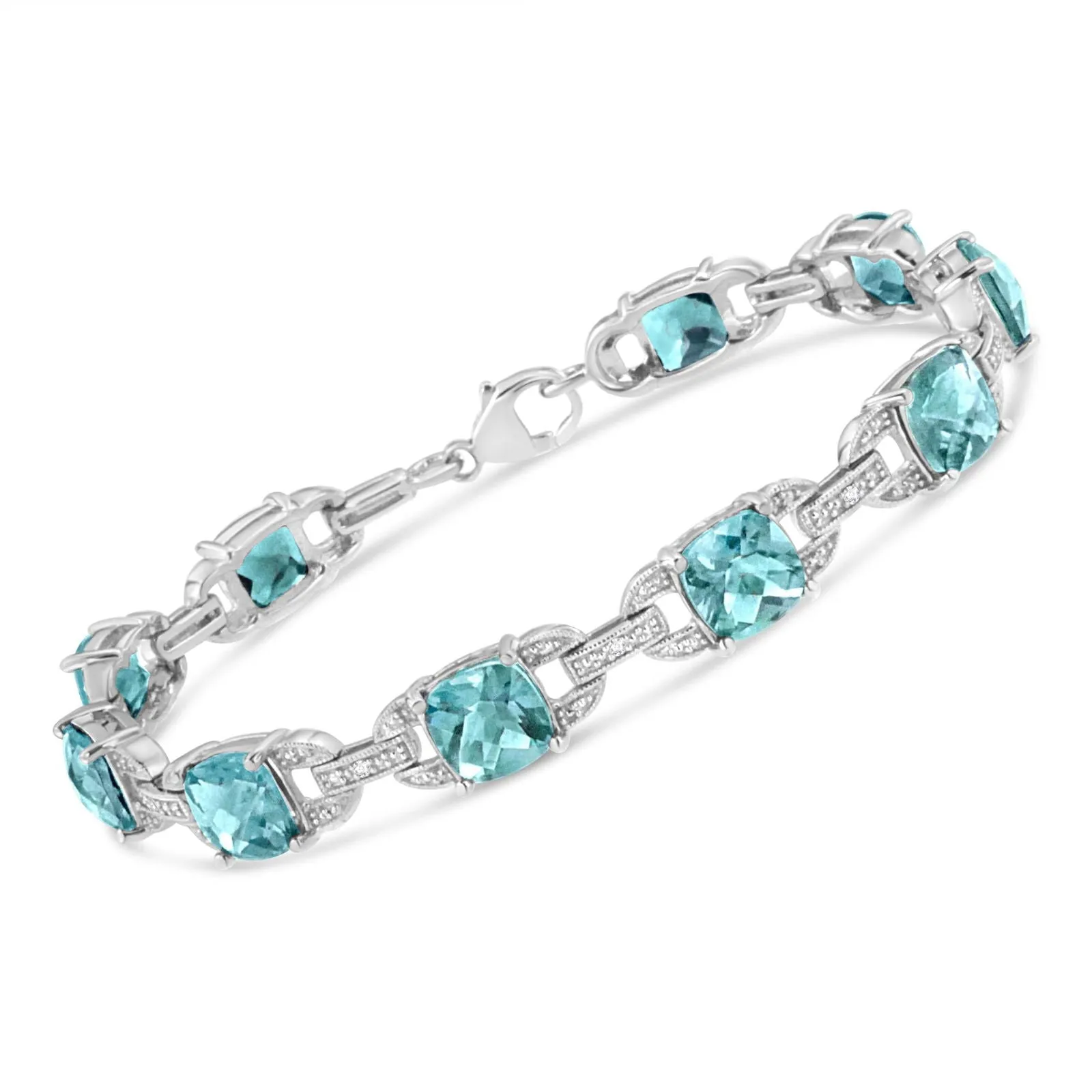 925 Sterling Silver Cushion Cut Blue Topaz & Round Cut Diamond Tennis Bracelet