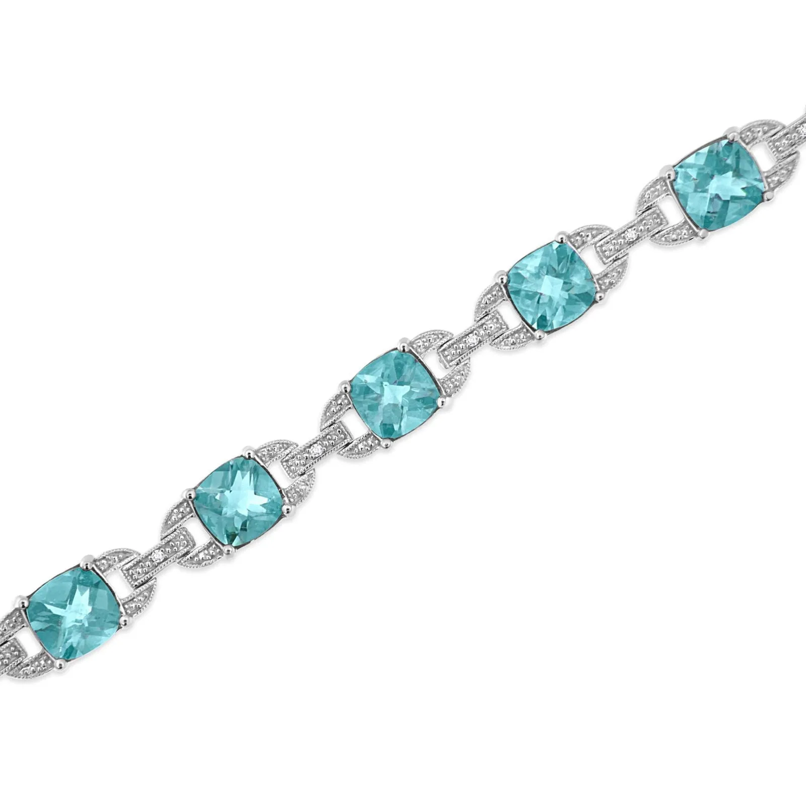 925 Sterling Silver Cushion Cut Blue Topaz & Round Cut Diamond Tennis Bracelet