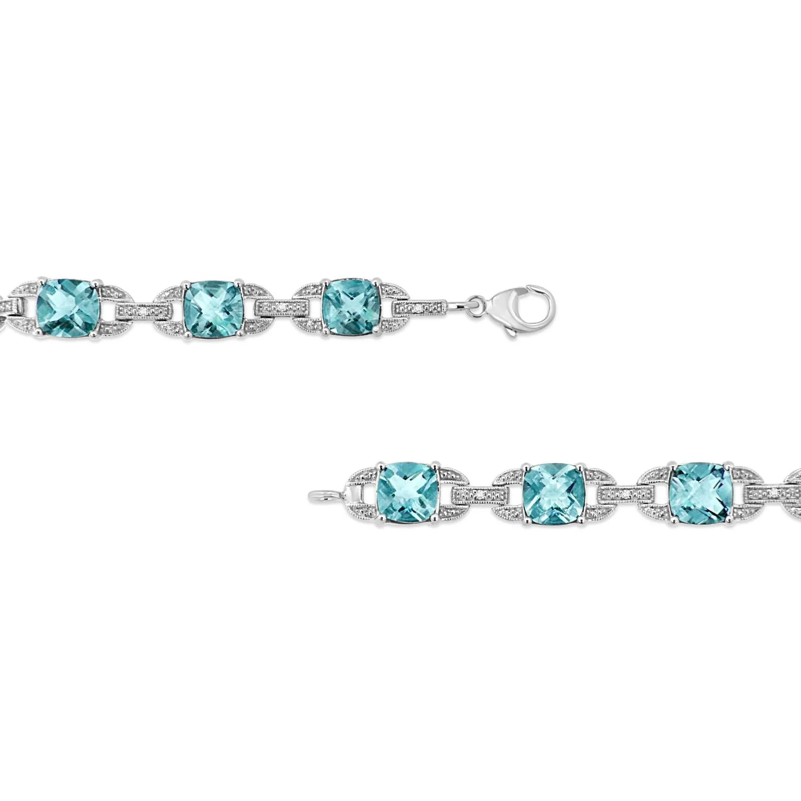 925 Sterling Silver Cushion Cut Blue Topaz & Round Cut Diamond Tennis Bracelet