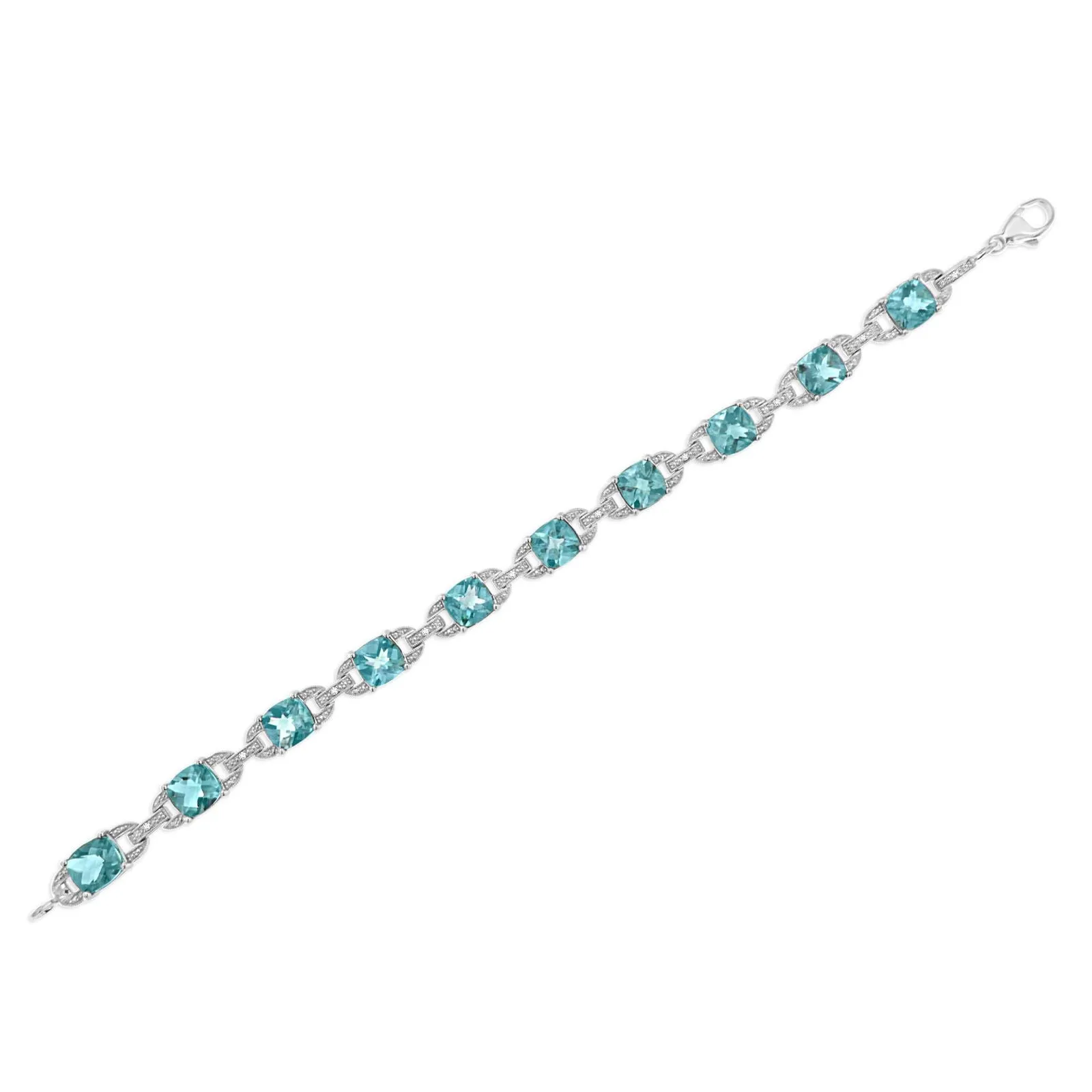 925 Sterling Silver Cushion Cut Blue Topaz & Round Cut Diamond Tennis Bracelet
