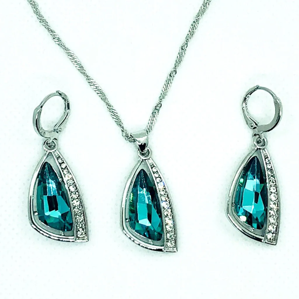 Abstract Aqua Austrian Crystal Necklace & Earrings Set for Women