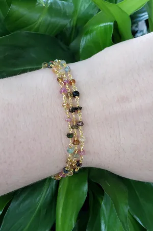 AVF Gold Filled Grandidierite, Pink Sapphire, Green Quartz, Tourmaline & Pearl Triple Strand Bracelet (SI3660 & SI3650)