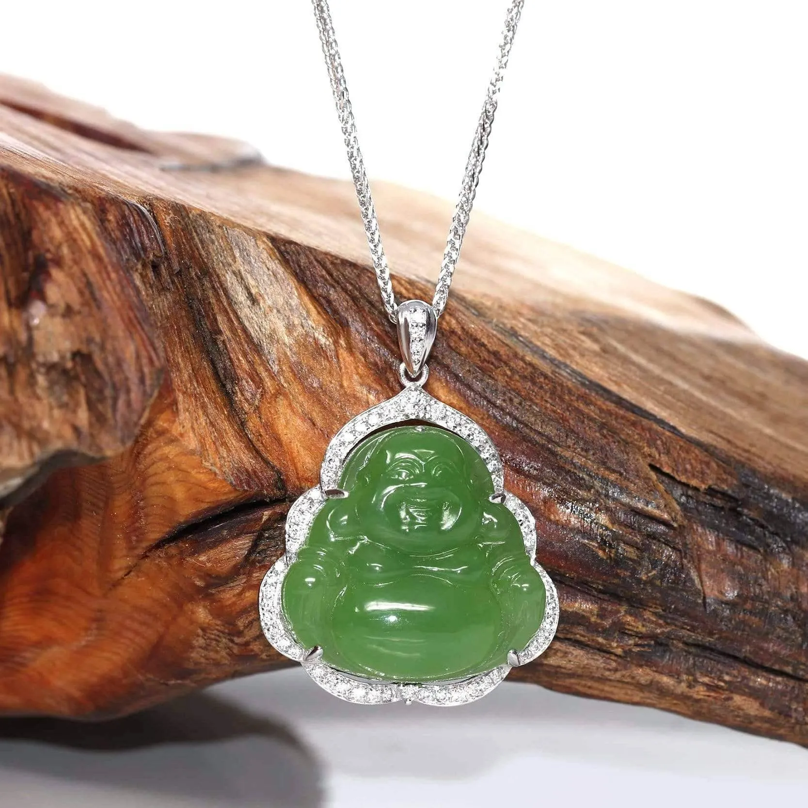 Baikalla™ "Laughing Buddha" 14k Gold Genuine Nephrite Apple Green Jade with VS1 Diamonds High-end Collectable