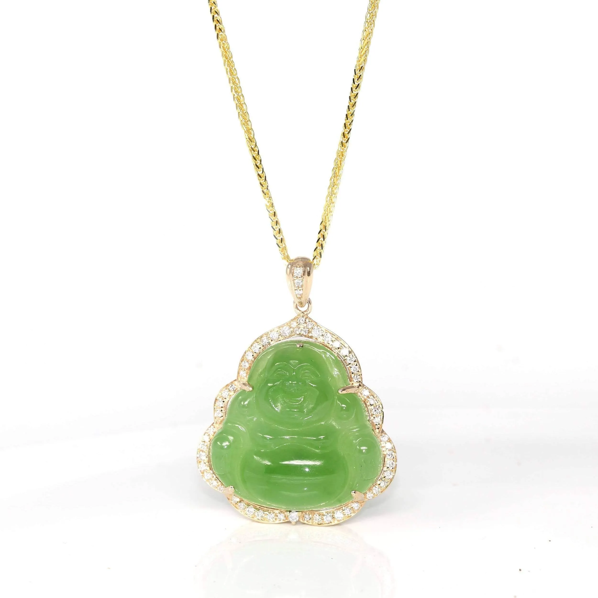 Baikalla™ "Laughing Buddha" 14k Gold Genuine Nephrite Apple Green Jade with VS1 Diamonds High-end Collectable