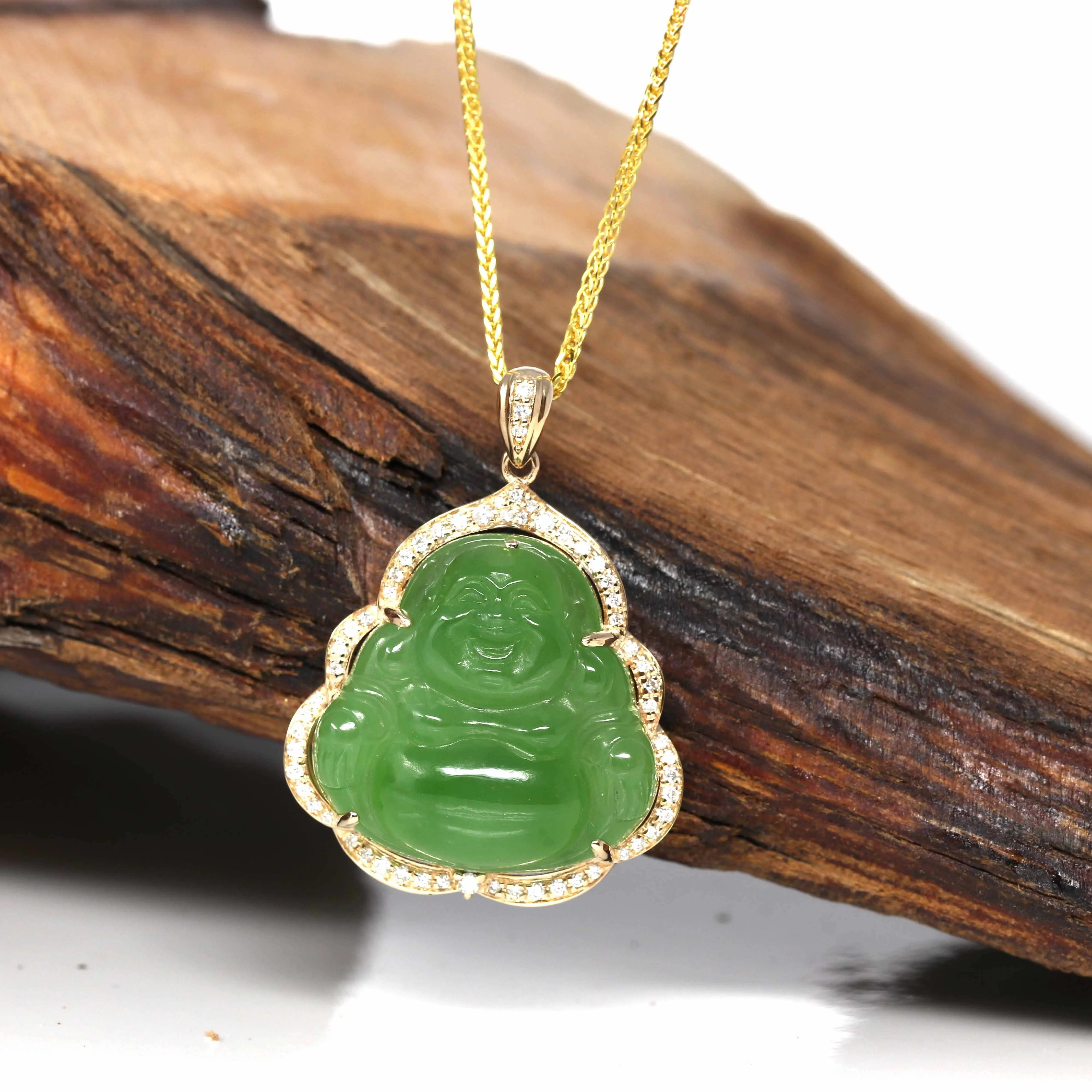 Baikalla™ "Laughing Buddha" 14k Gold Genuine Nephrite Apple Green Jade with VS1 Diamonds High-end Collectable