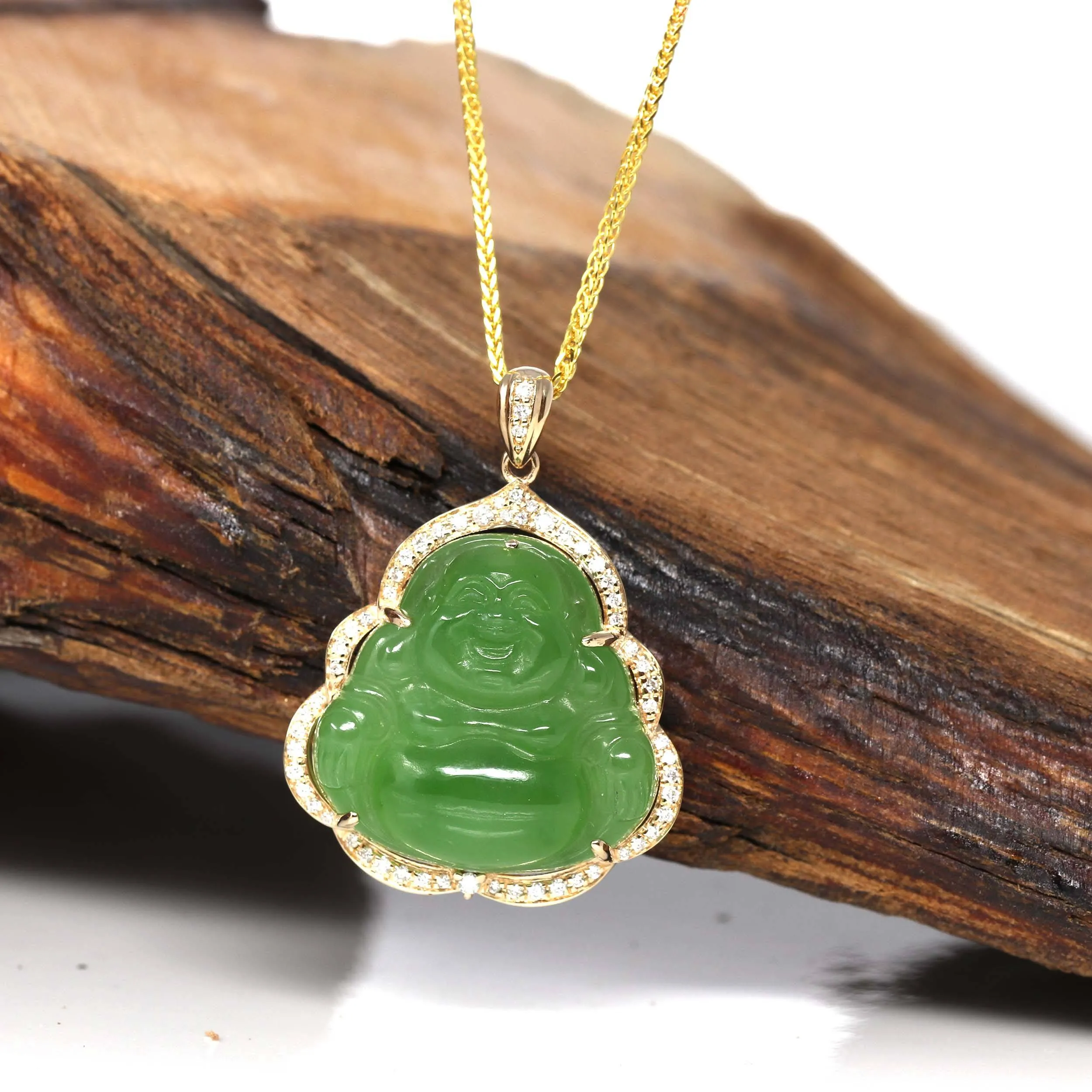 Baikalla™ "Laughing Buddha" 14k Gold Genuine Nephrite Apple Green Jade with VS1 Diamonds High-end Collectable