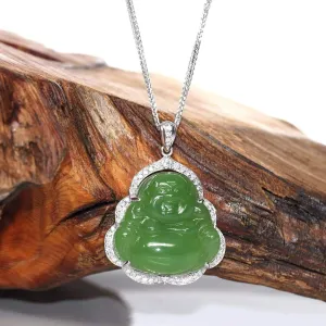 Baikalla™ "Laughing Buddha" 14k Gold Genuine Nephrite Apple Green Jade with VS1 Diamonds High-end Collectable