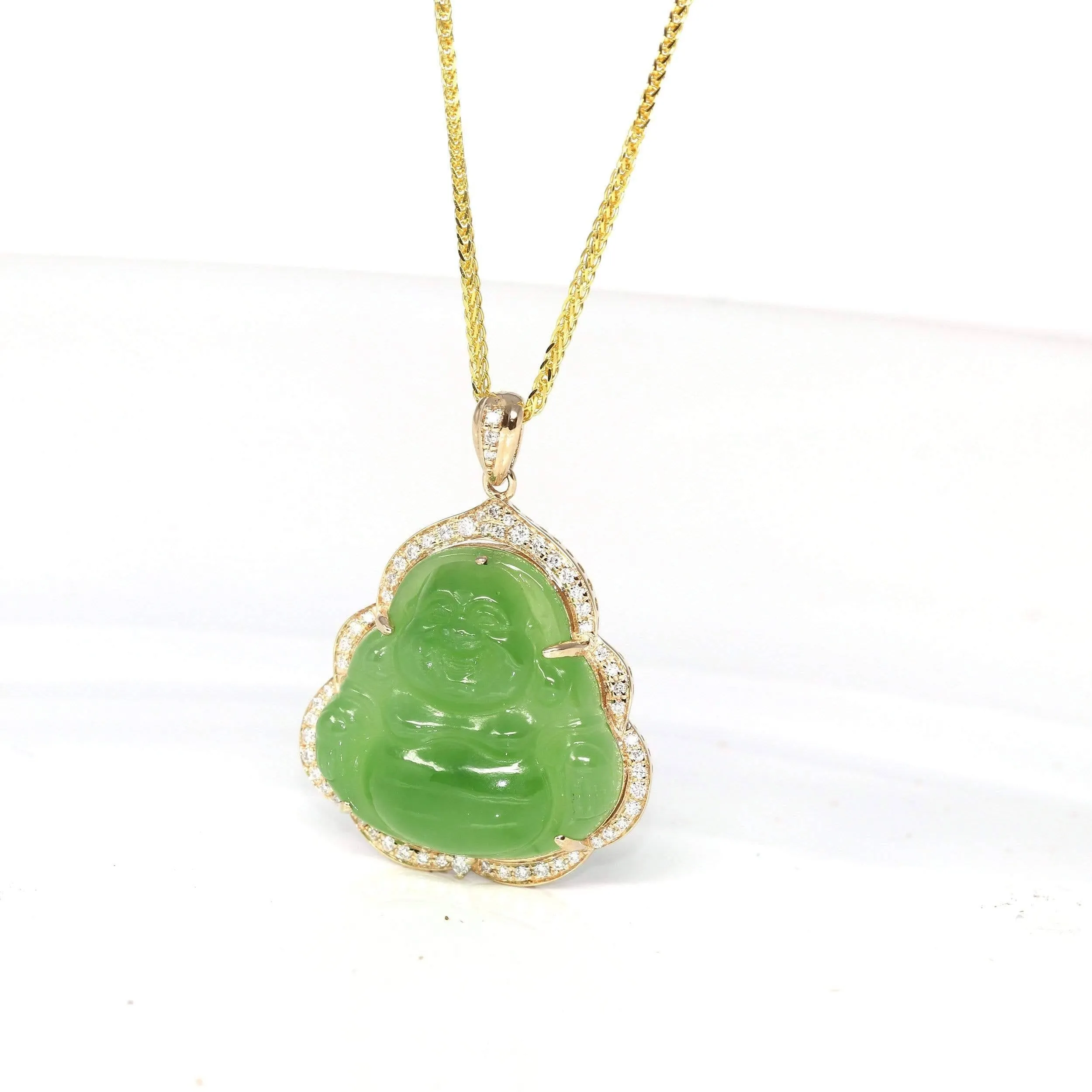 Baikalla™ "Laughing Buddha" 14k Gold Genuine Nephrite Apple Green Jade with VS1 Diamonds High-end Collectable
