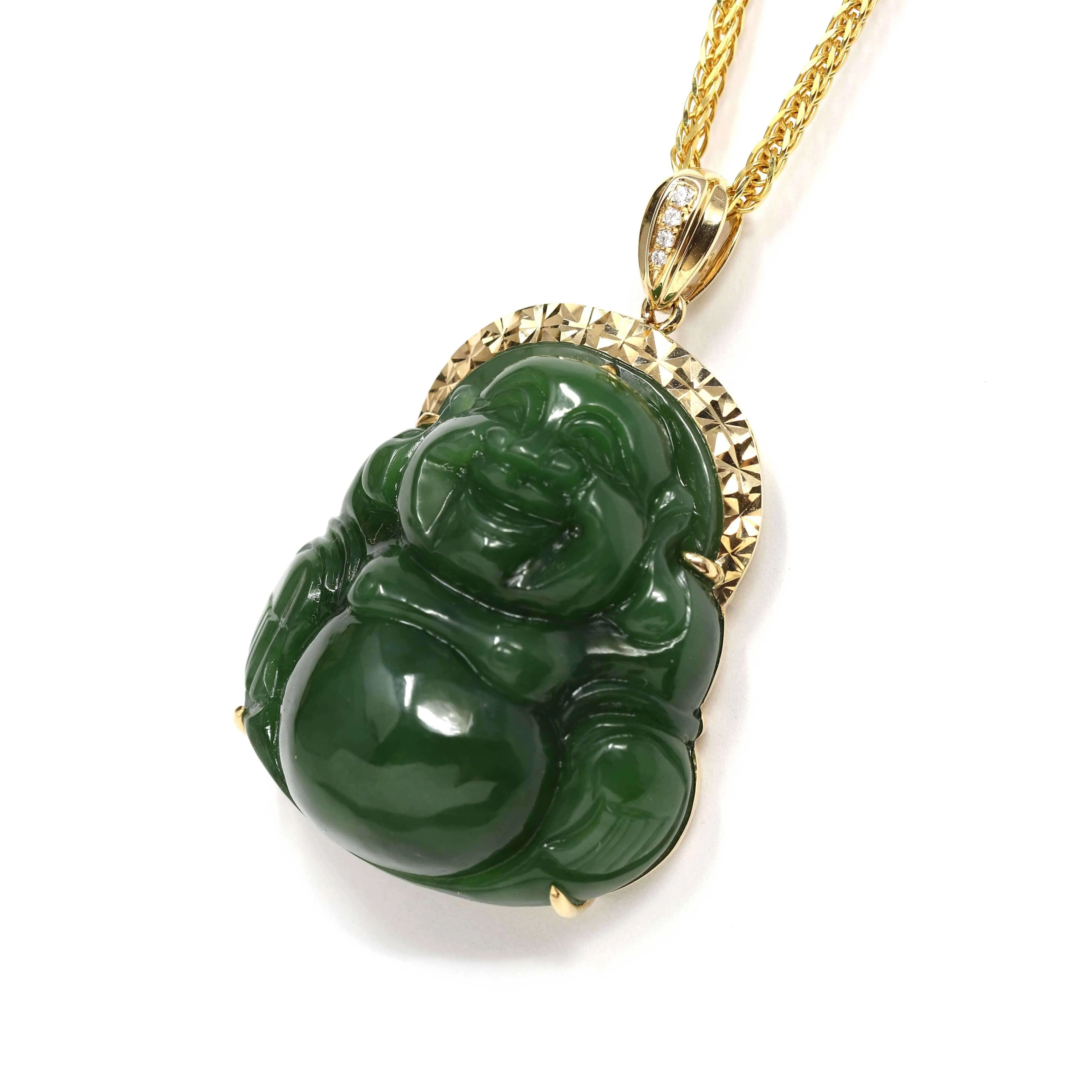 Baikalla™ "Laughing Buddha" 18k Yellow Gold Genuine Nephrite Green Jade with Diamonds Buddha Pendant Necklace High-end Collectable